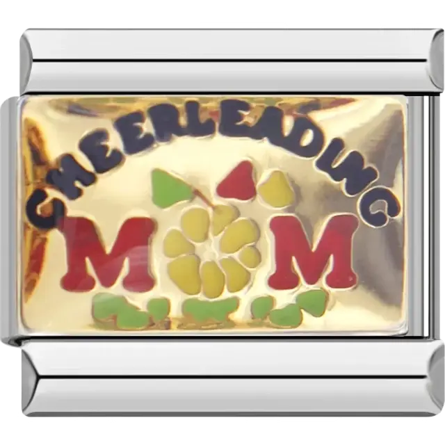 “Cheerleading Mom” text with pom-poms and colorful accents Italian charm bracelet link