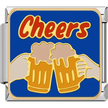Two clinking beer glasses with frothy tops and "Cheers" text in bold red on a blue background Italian charm bracelet link