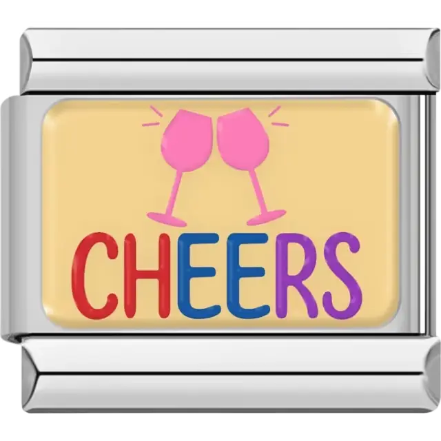 Pink wine glasses with colorful "Cheers" text on a yellow background Italian charm bracelet link