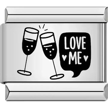 Two clinking glasses with a "LOVE ME" speech bubble and heart accents Italian charm bracelet link