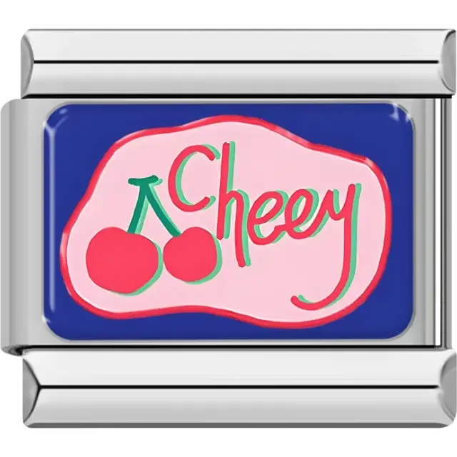 Red cherries with green stems and the word "Cheery" in green and pink on blue background Italian charm bracelet link