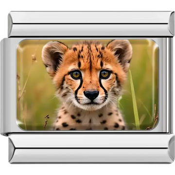 Close-up of a cheetah cub with a grassy background Italian charm bracelet link