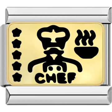 "CHEF" text with a chef hat, steaming bowl, and star accents on a gold background Italian charm bracelet link