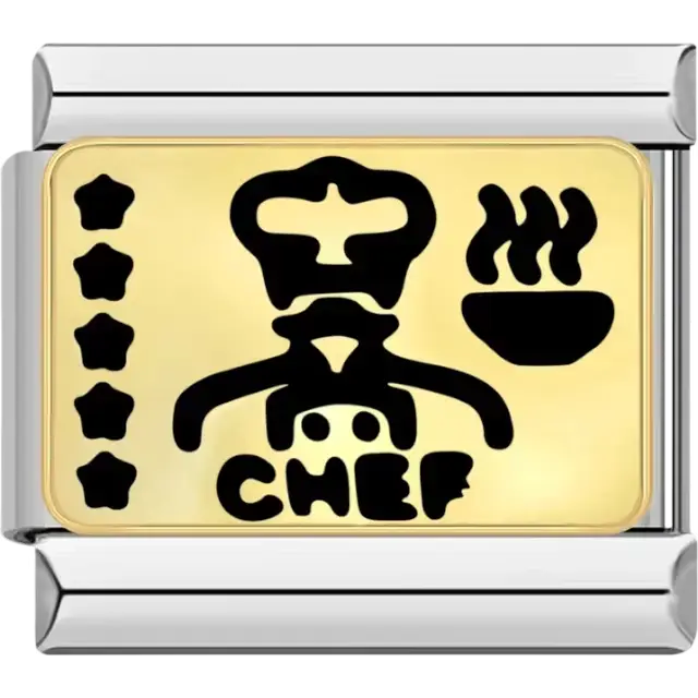 "CHEF" text with a chef hat, steaming bowl, and star accents on a gold background Italian charm bracelet link