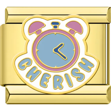 Pastel blue and pink alarm clock with the word "Cherish" in bold letters Italian charm bracelet link