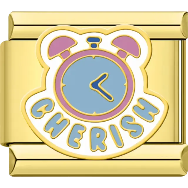 Pastel blue and pink alarm clock with the word "Cherish" in bold letters Italian charm bracelet link