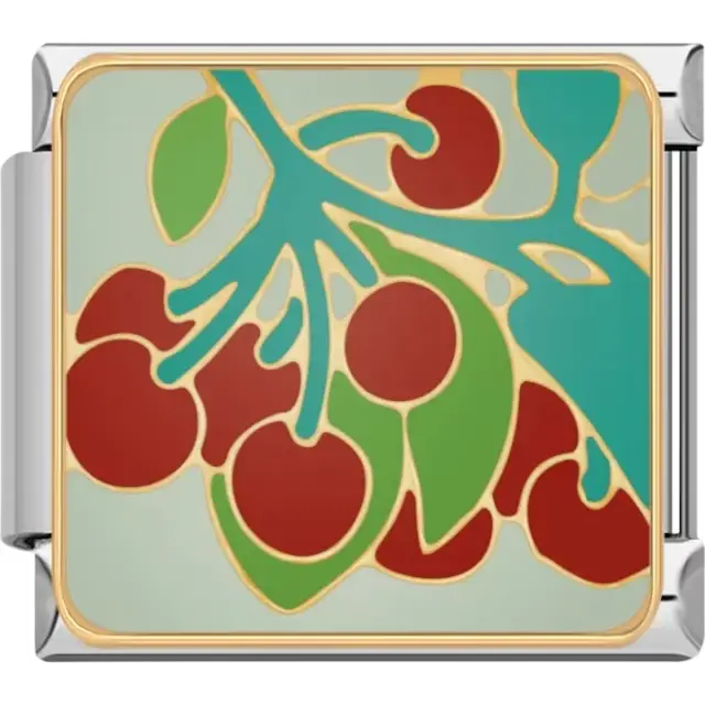 Cherry branch design with red cherries and green leaves Italian charm bracelet link