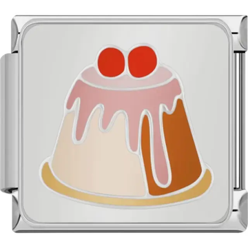 Bundt cake with pink icing and two red cherries on top Italian charm bracelet link