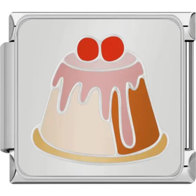 Bundt cake with pink icing and two red cherries on top Italian charm bracelet link