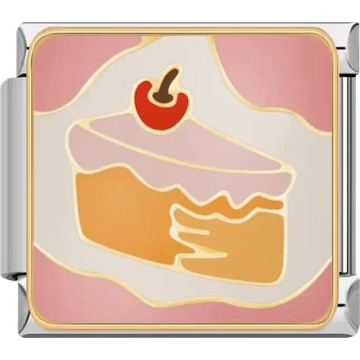 Slice of cake with pink icing, a red cherry on top, and gold accents on a pink background Italian charm bracelet link