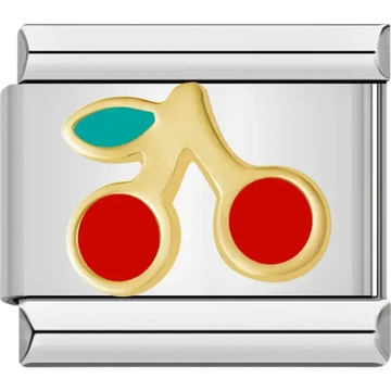 Red cherries with green leaf Italian charm bracelet link