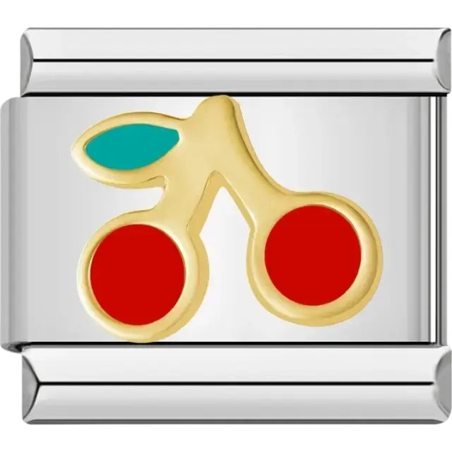 Red cherries with green leaf Italian charm bracelet link