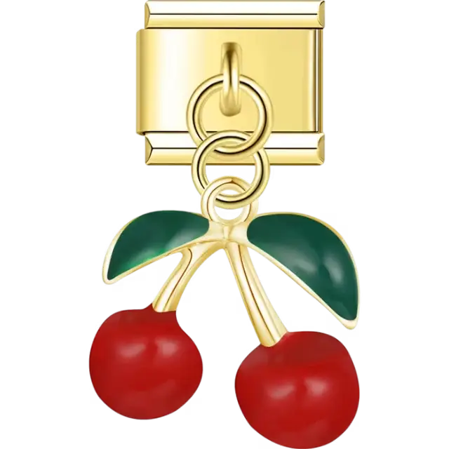 Red cherry dangle with green leaves and silver stems Italian charm bracelet link