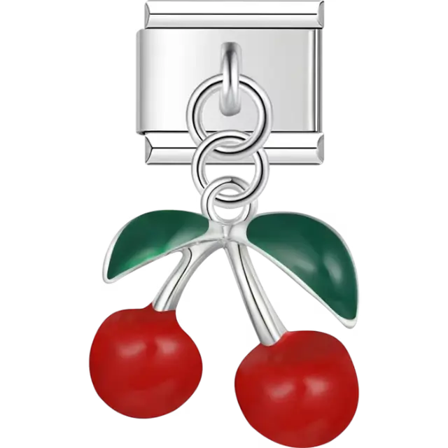 Red cherry dangle with green leaves and silver stems Italian charm bracelet link