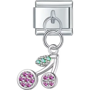 Cherry design with pink stones and green stone-accented leaves Italian charm bracelet link
