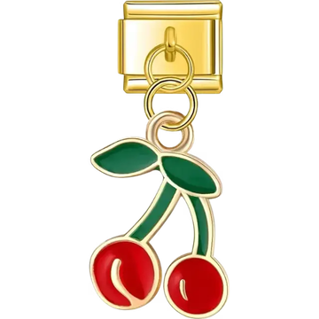 Red cherries with green stems and leaves dangle design Italian charm bracelet link