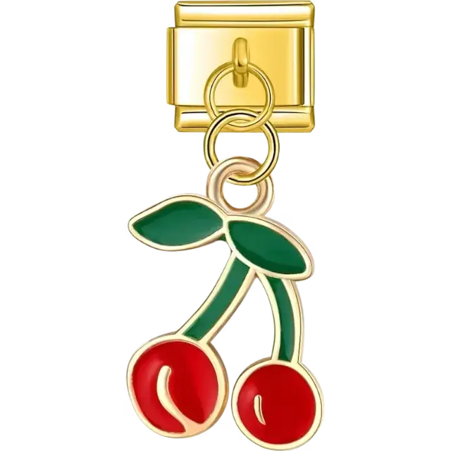 Red cherries with green stems and leaves dangle design Italian charm bracelet link