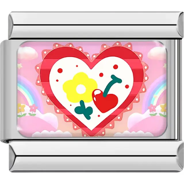 Red heart with yellow flower red cherry pink rainbow background Italian charm bracelet link
