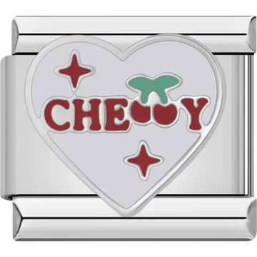 Heart-shaped design with "Cherry" text, red cherries, and star accents Italian charm bracelet link