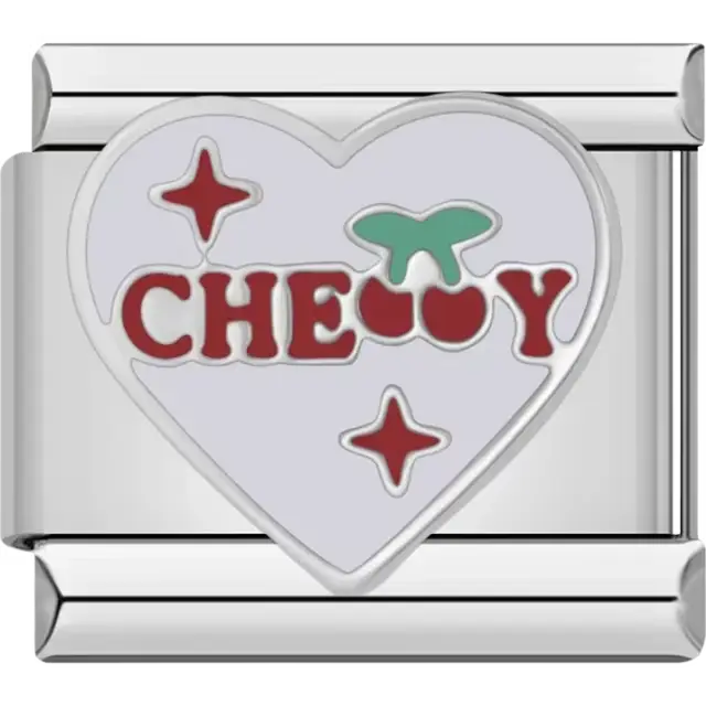 Heart-shaped design with "Cherry" text, red cherries, and star accents Italian charm bracelet link