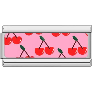 Red cherries with green leaves on pink background Italian charm bracelet link