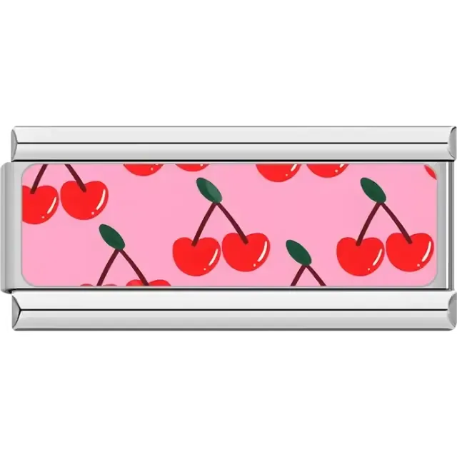 Red cherries with green leaves on pink background Italian charm bracelet link
