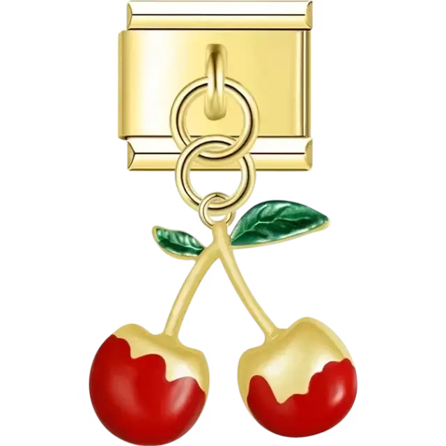 Red cherry pendant with green leaves Italian charm bracelet link