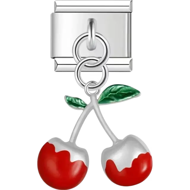 Red cherry pendant with green leaves Italian charm bracelet link