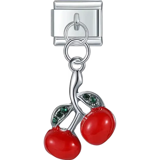 Red cherry pendant with green crystal leaves Italian charm bracelet link