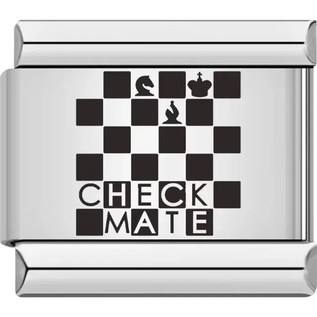 Black chessboard with knight bishop and king pieces above "CHECK MATE" text Italian charm bracelet link