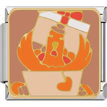 Yellow chicken holding a white and red gift box with a heart detail on a brown background Italian charm bracelet link