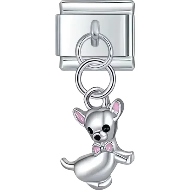 Silver chihuahua design with pink bow and ear accents Italian charm bracelet link