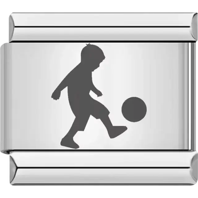 Black silhouette of a child kicking a soccer ball Italian charm bracelet link