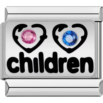 Pink and blue gemstones in black heart designs above "children" text Italian charm bracelet link