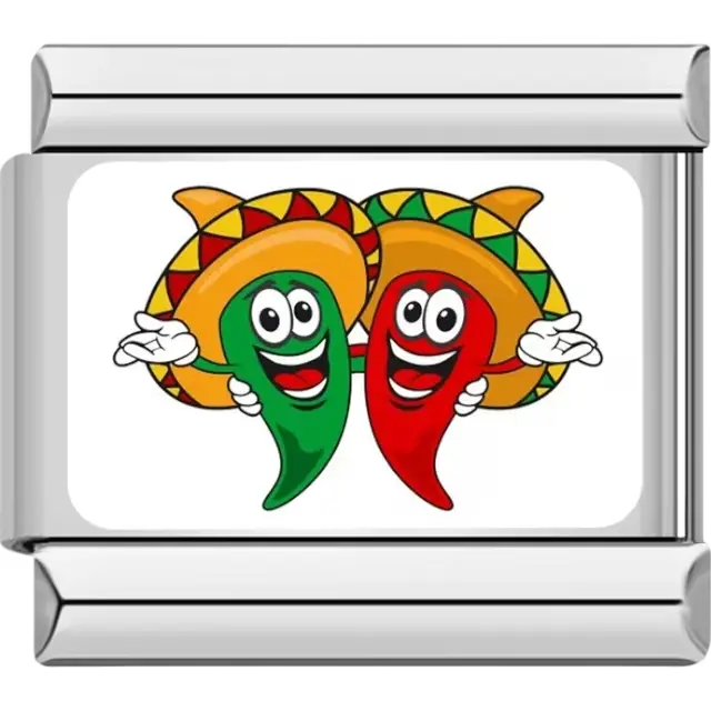 Red and green chili peppers with sombreros Italian charm bracelet link