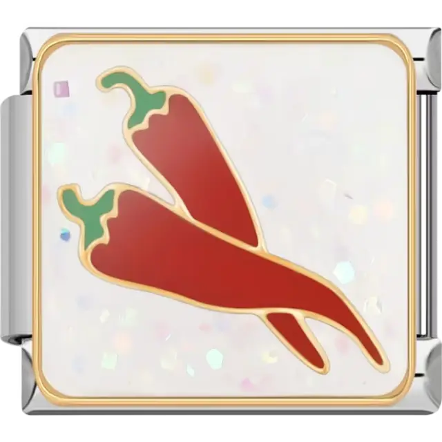 Red chili pepper design with green stems on a white background Italian charm bracelet link
