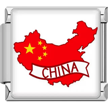 Red map of China with yellow stars white banner with China text China map flag Italian charm bracelet link