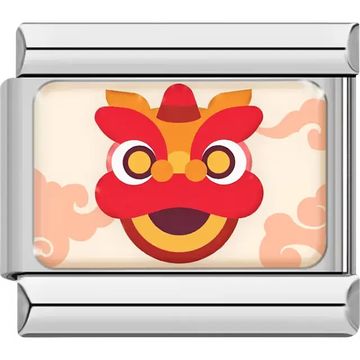 Red and yellow Chinese dragon head with orange cloud accents on cream background Italian charm bracelet link