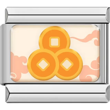 Three gold Chinese coins with square centers and orange cloud accents on cream background Italian charm bracelet link
