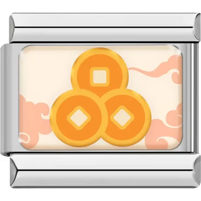 Three gold Chinese coins with square centers and orange cloud accents on cream background Italian charm bracelet link