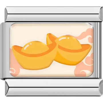 Two gold ingots with orange cloud accents on cream background Italian charm bracelet link