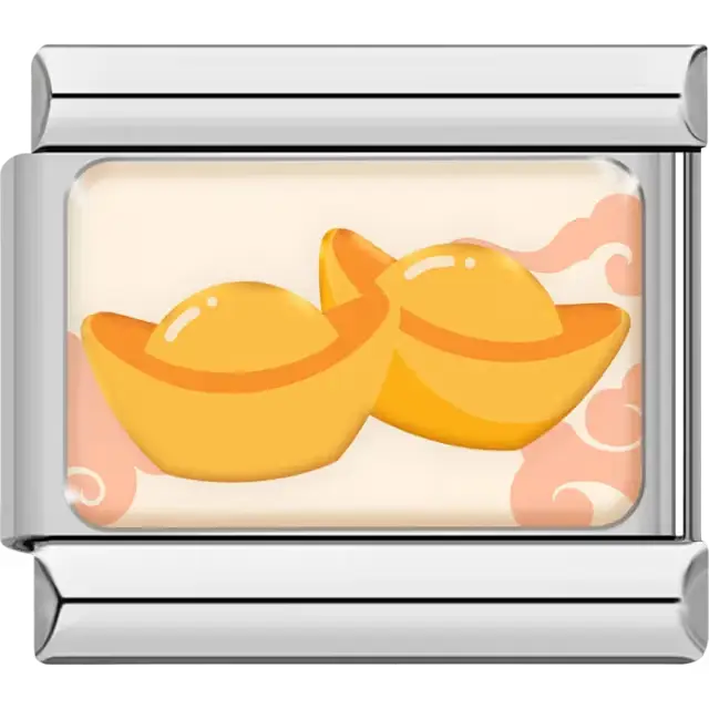 Two gold ingots with orange cloud accents on cream background Italian charm bracelet link