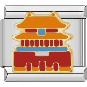 Gold-accented Chinese pagoda design in red, orange, and blue Italian charm bracelet link