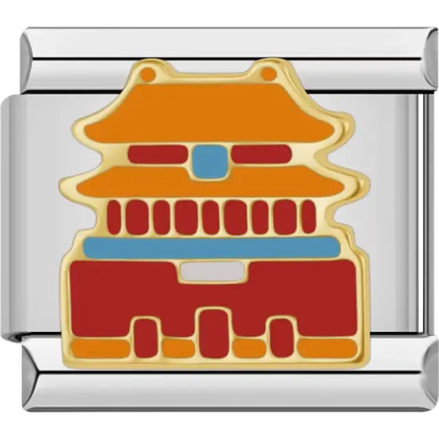 Gold-accented Chinese pagoda design in red, orange, and blue Italian charm bracelet link