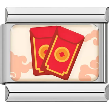 Two red envelopes with gold coin details and orange cloud accents on cream background Italian charm bracelet link