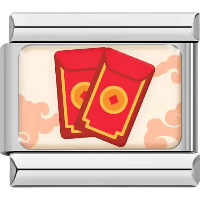 Two red envelopes with gold coin details and orange cloud accents on cream background Italian charm bracelet link