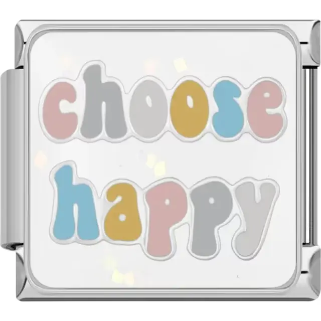 Multicolor “Choose Happy” text in pastel tones on a white background Italian charm bracelet link
