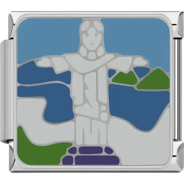 Blue and green charm featuring the Christ the Redeemer statue and surrounding Rio de Janeiro landscape Italian charm bracelet link