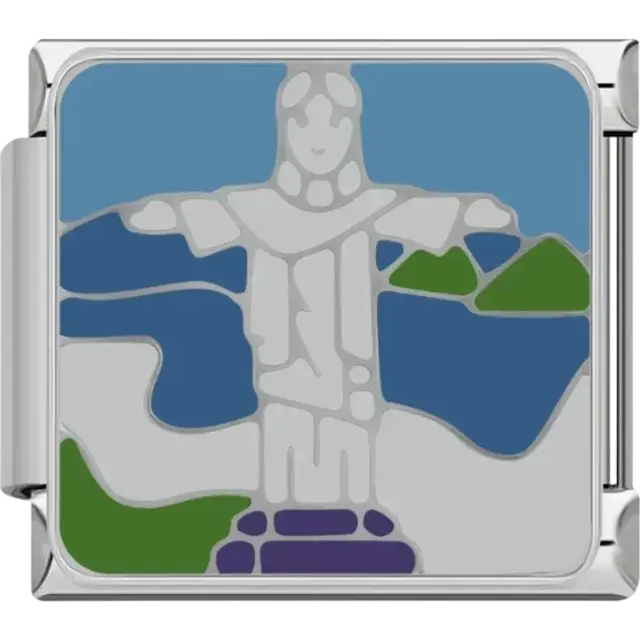 Blue and green charm featuring the Christ the Redeemer statue and surrounding Rio de Janeiro landscape Italian charm bracelet link