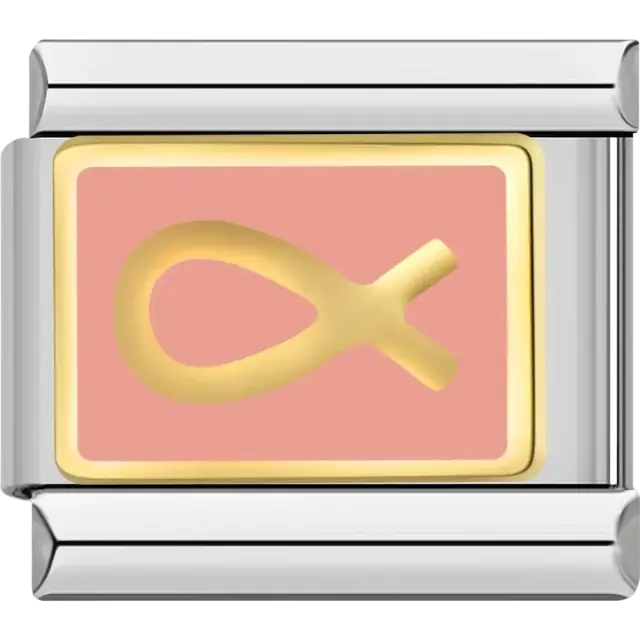 Gold Christian fish symbol on a pink background Italian charm bracelet link
